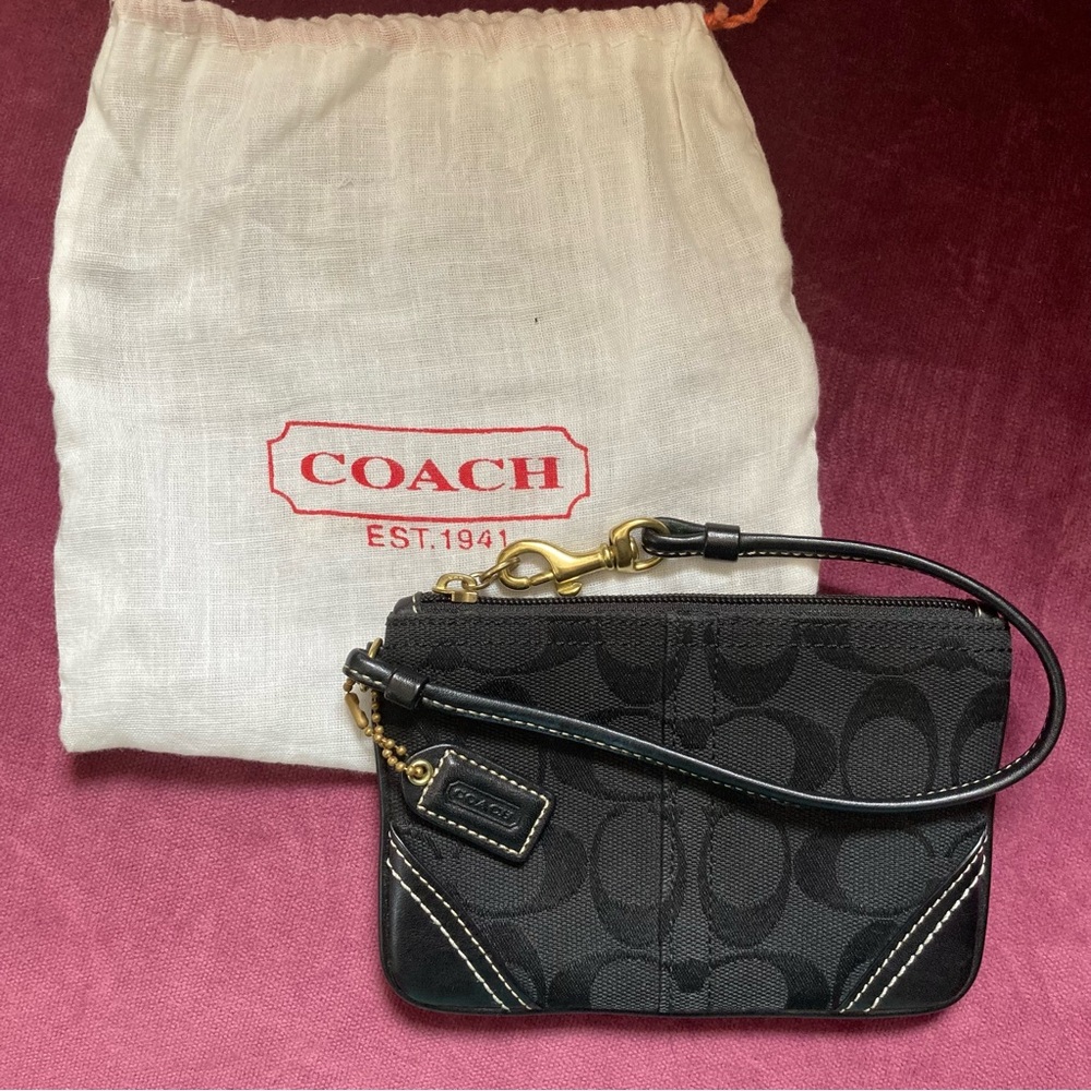 Coach Corner Zip Wristlet, Black Signature Canvas, dust bag included